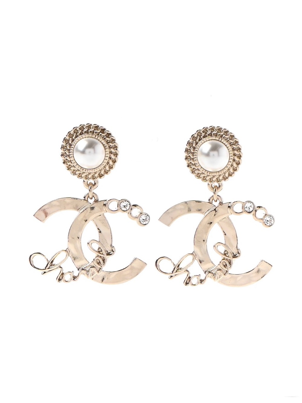 CHANEL Metal Pearl Crystal Coco Script CC Drop Earrings Gold